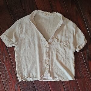 LCream Linen Crop Button Down Blouse
